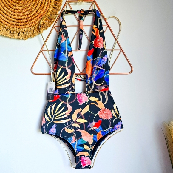 Averie, New, Antonella Deep Plunge Halter Floral One Piece Swimsuit, Size 14 - Picture 2 of 11